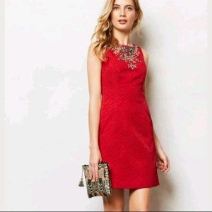 Anthropologie Moulinette Soeurs Red Jacquard Toulouse Embellished Dress, Size 2